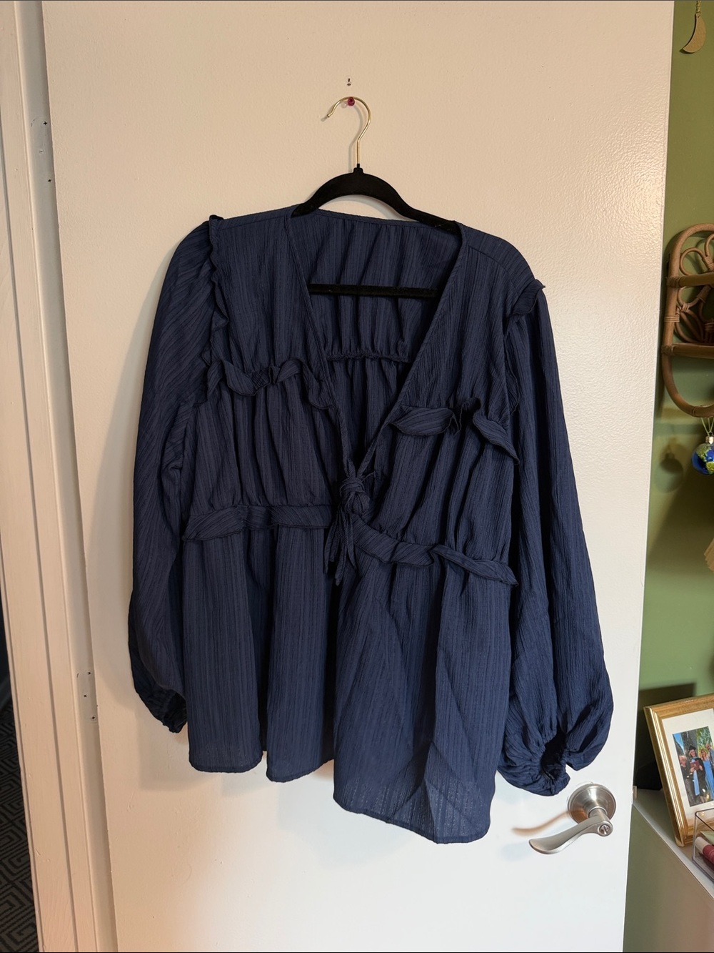 Women's Navy Tie-Front Peasant Blouse